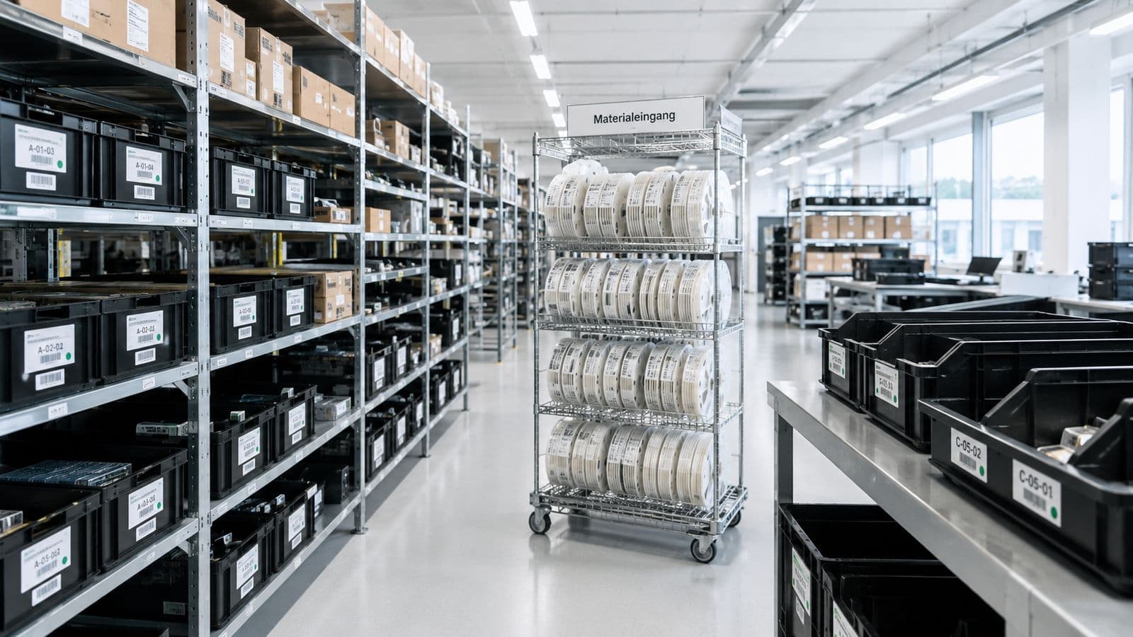 Materiallager mit Komponenten bei Alphatronic AG